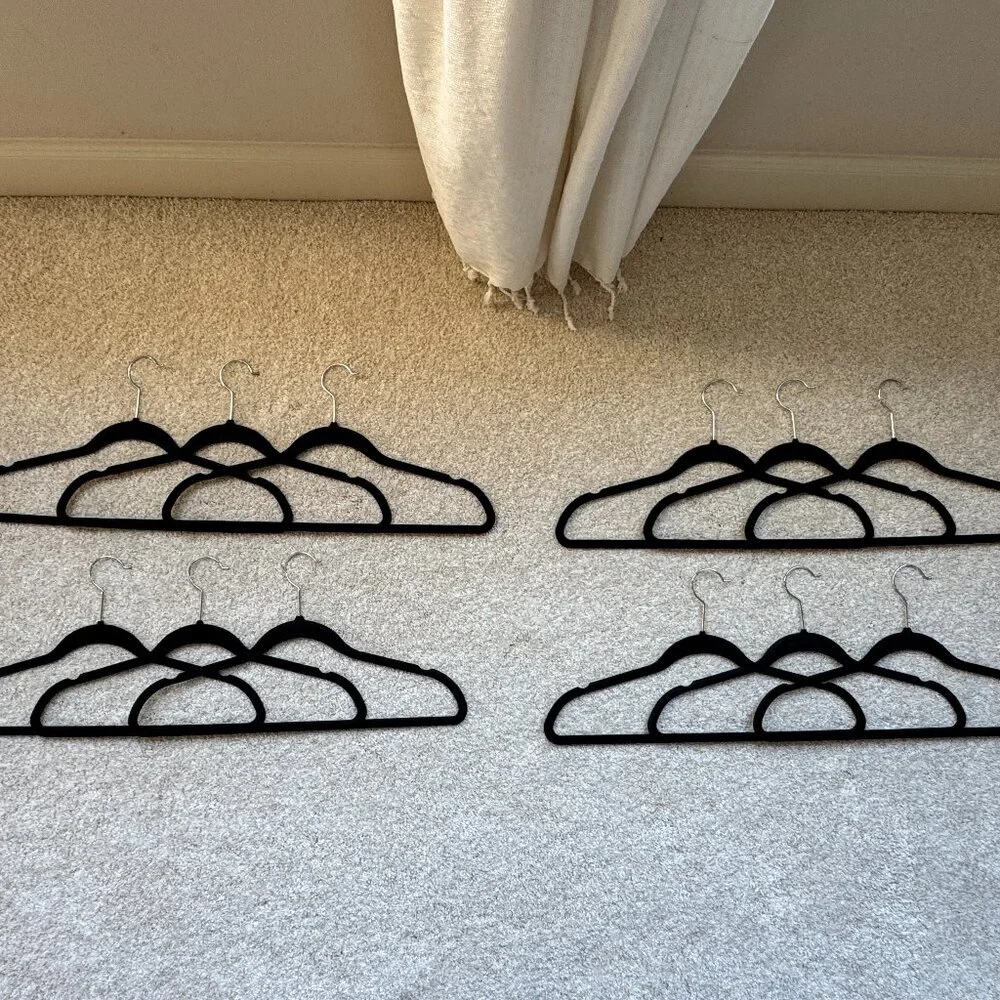 Set of 12 Velvet Non-Slip Hangers, Heavy Duty, Slim Profile - Black Silver Hook